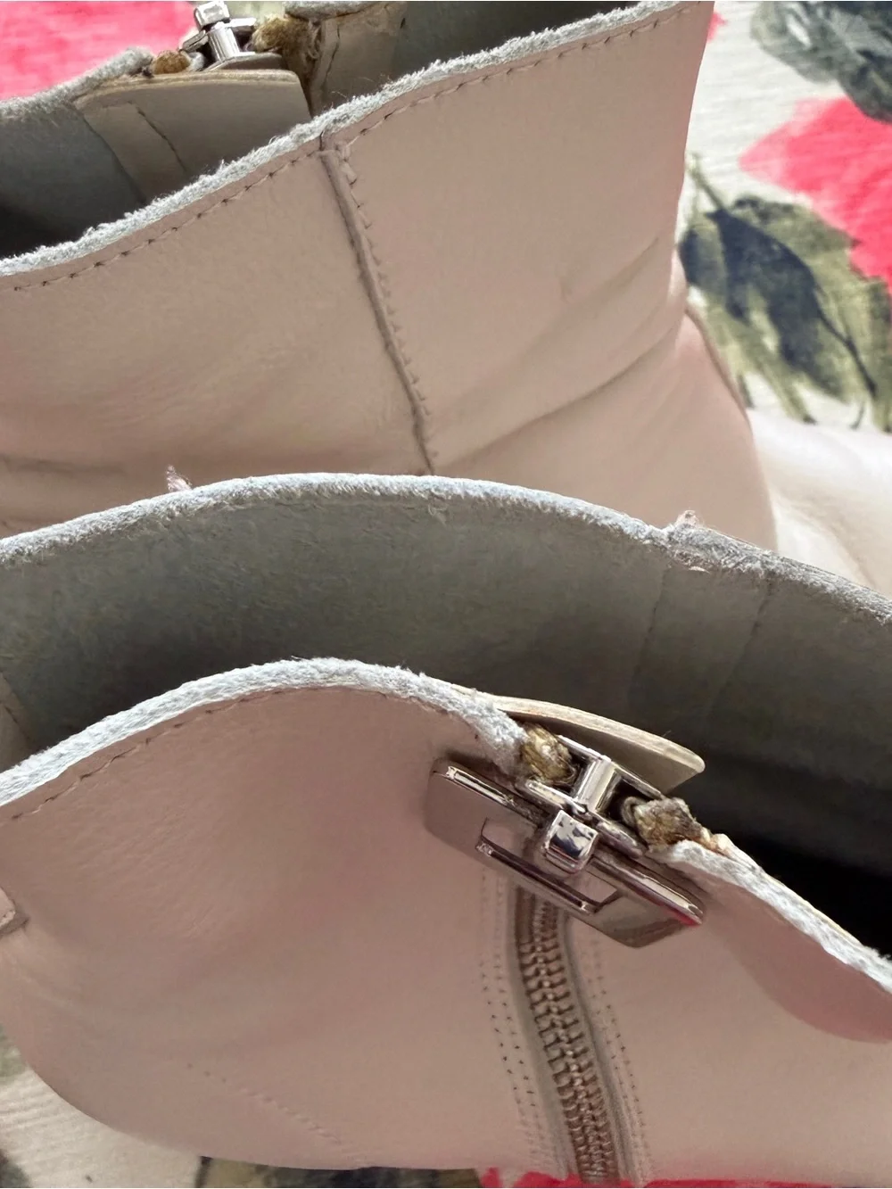 Women's Cream Leather Ankle Boots with Stacked Heel